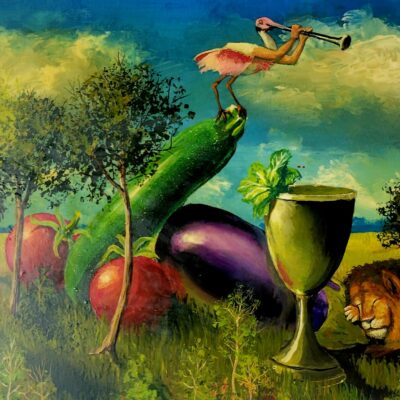 Bill Mead Oil on Wood Painting — "Don't Toot Your Own Horn"