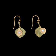Michael Michaud Round Leaf Eucalyptus Pearl Wire Earrings (Pair showing cocked pearl)
