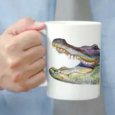 The Ship's Hold Watercolor Artwork 15oz Ceramic Mug, Alligator (individual in hand)