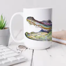 The Ship's Hold Watercolor Artwork 15oz Ceramic Mug, Alligator (individual on table)