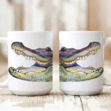 The Ship's Hold Watercolor Artwork 15oz Ceramic Mug, Alligator (pair on table)