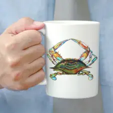 The Ship's Hold Watercolor Artwork 15oz Ceramic Mug, Chesapeake Bay Blue Crab (individual in hand)