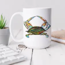 The Ship's Hold Watercolor Artwork 15oz Ceramic Mug, Chesapeake Bay Blue Crab (individual on table)
