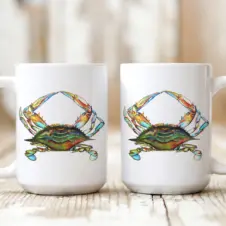 The Ship's Hold Watercolor Artwork 15oz Ceramic Mug, Chesapeake Bay Blue Crab (pair on table)