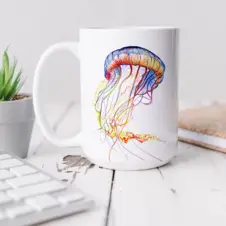 The Ship's Hold Watercolor Artwork 15oz Ceramic Mug, Colorful Jellyfish (individual on table)