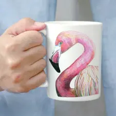 The Ship's Hold Watercolor Artwork 15oz Ceramic Mug, Flamingo (individual in hand)