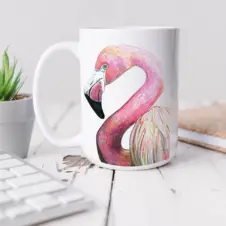The Ship's Hold Watercolor Artwork 15oz Ceramic Mug, Flamingo (individual on table)