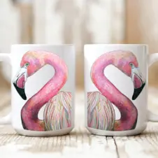 The Ship's Hold Watercolor Artwork 15oz Ceramic Mug, Flamingo (pair on table)