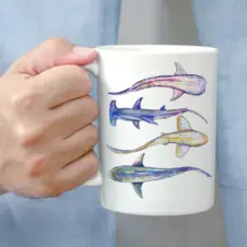The Ship's Hold Watercolor Artwork 15oz Ceramic Mug, Four Sharks (individual in hand)