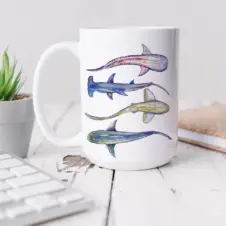 The Ship's Hold Watercolor Artwork 15oz Ceramic Mug, Four Sharks (individual on table)