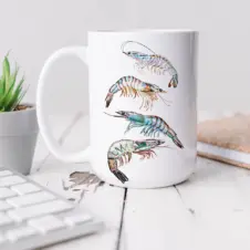 The Ship's Hold Watercolor Artwork 15oz Ceramic Mug, Four Shrimp (individual on table)
