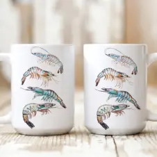 The Ship's Hold Watercolor Artwork 15oz Ceramic Mug, Four Shrimp (pair on table)