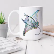 The Ship's Hold Watercolor Artwork 15oz Ceramic Mug, Manta Ray (individual on table)