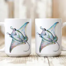 The Ship's Hold Watercolor Artwork 15oz Ceramic Mug, Manta Ray (pair on table)