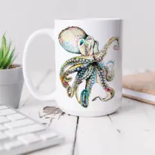The Ship's Hold Watercolor Artwork 15oz Ceramic Mug, Octopus #15 (individual on table)