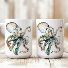 The Ship's Hold Watercolor Artwork 15oz Ceramic Mug, Octopus #15 (pair on table)