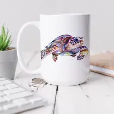 The Ship's Hold Watercolor Artwork 15oz Ceramic Mug, Swimming Sea Turtle (individual on table)