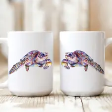 The Ship's Hold Watercolor Artwork 15oz Ceramic Mug, Swimming Sea Turtle (pair on table)