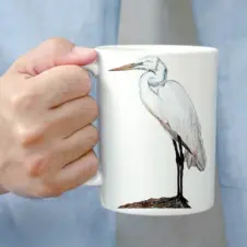 The Ship's Hold Watercolor Artwork 15oz Ceramic Mug, White Egret (individual in hand)
