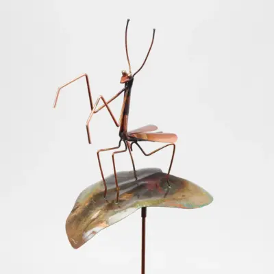 Haw Creek Forge Copper Praying Mantis on Leaf Garden Stake Yard Art