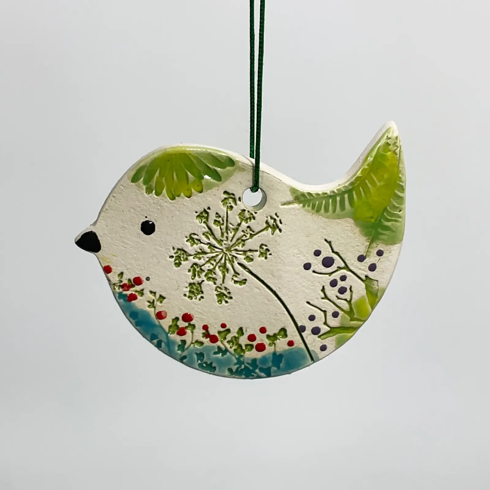Walton Clay Studio Bird Pottery Ornament with Pressed Flowers