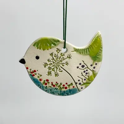 Walton Clay Studio Bird Pottery Ornament with Pressed Flowers
