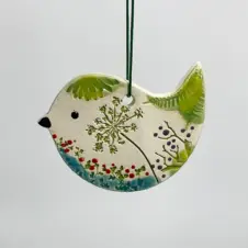Walton Clay Studio Bird Pottery Ornament with Pressed Flowers