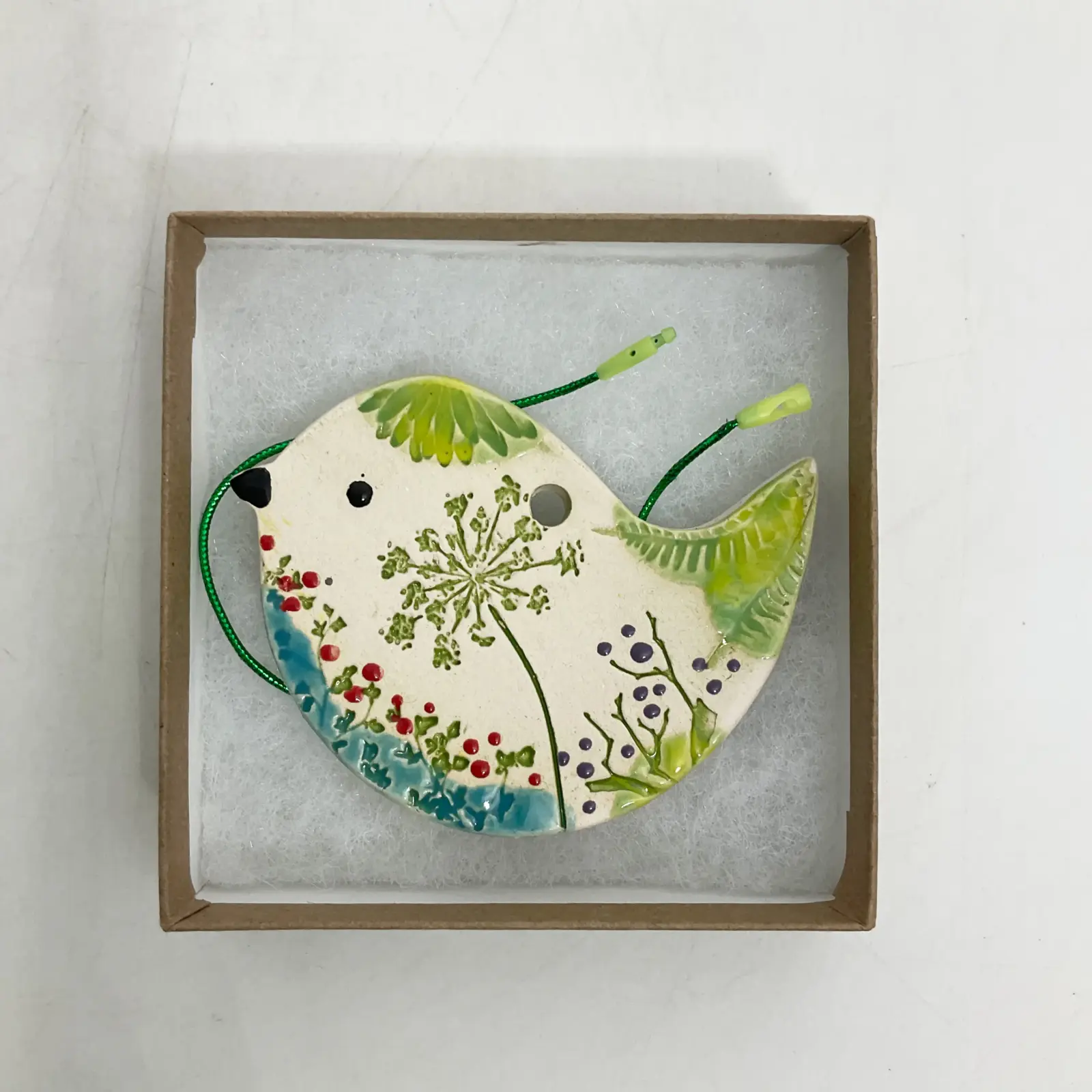 WC-4-005 Walton Clay Studio Bird Pottery Ornament with Pressed Flowers