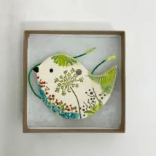 Walton Clay Studio Bird Pottery Ornament with Pressed Flowers