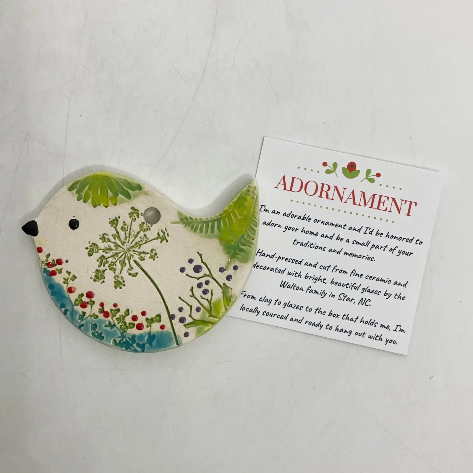 WC-4-006 Walton Clay Studio Bird Pottery Ornament with Pressed Flowers